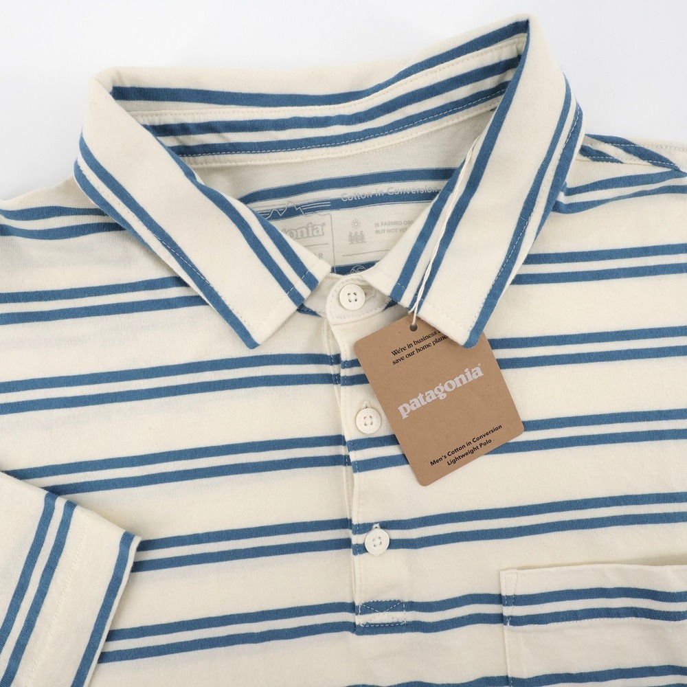 NEW Patagonia Striped Cotton in Conversion Polo Blue White Short Sleeve Mens L